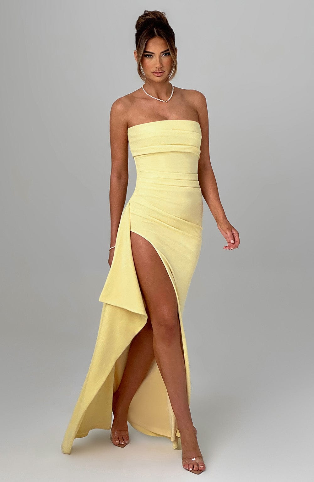 Adriana Strapless Draped Split Gown