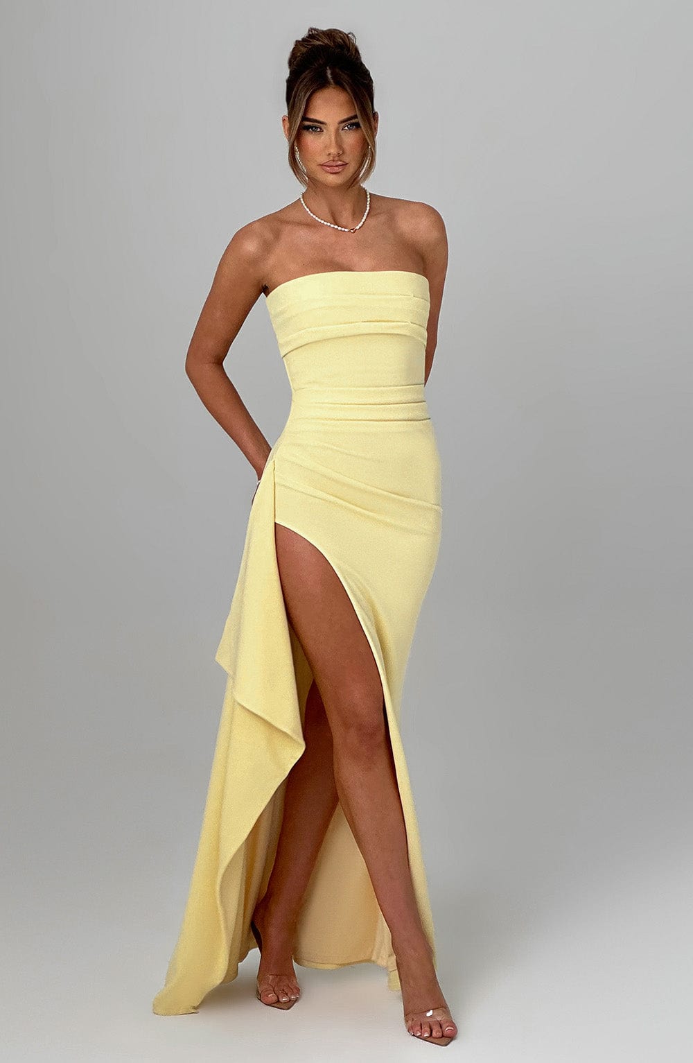 Adriana Strapless Draped Split Gown